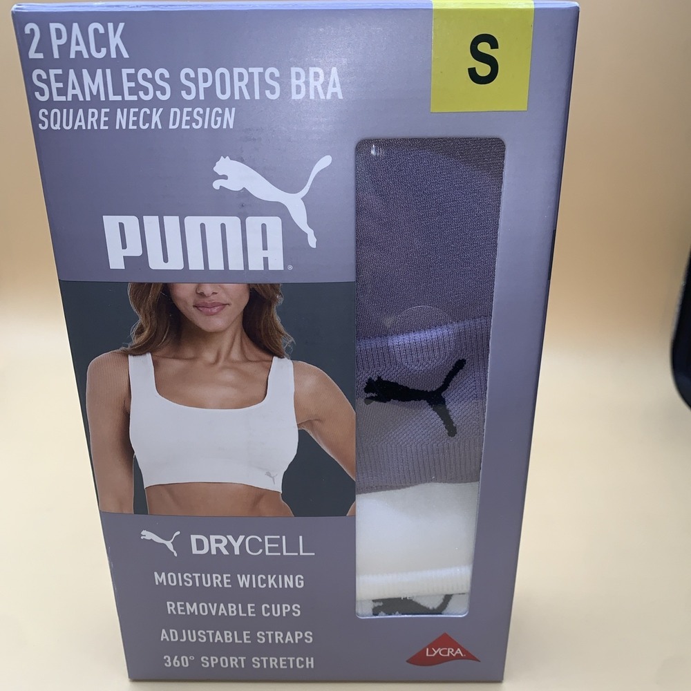 New Puma Women's 2 Pack Square Neck Seamless Wicking Sport Bra White/Lilac Small